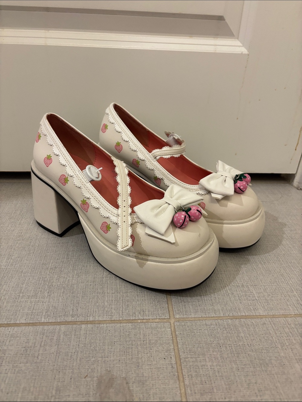 Dolls Kill Cream Mary Jane Platform Heels with Pink Strawberry Charms